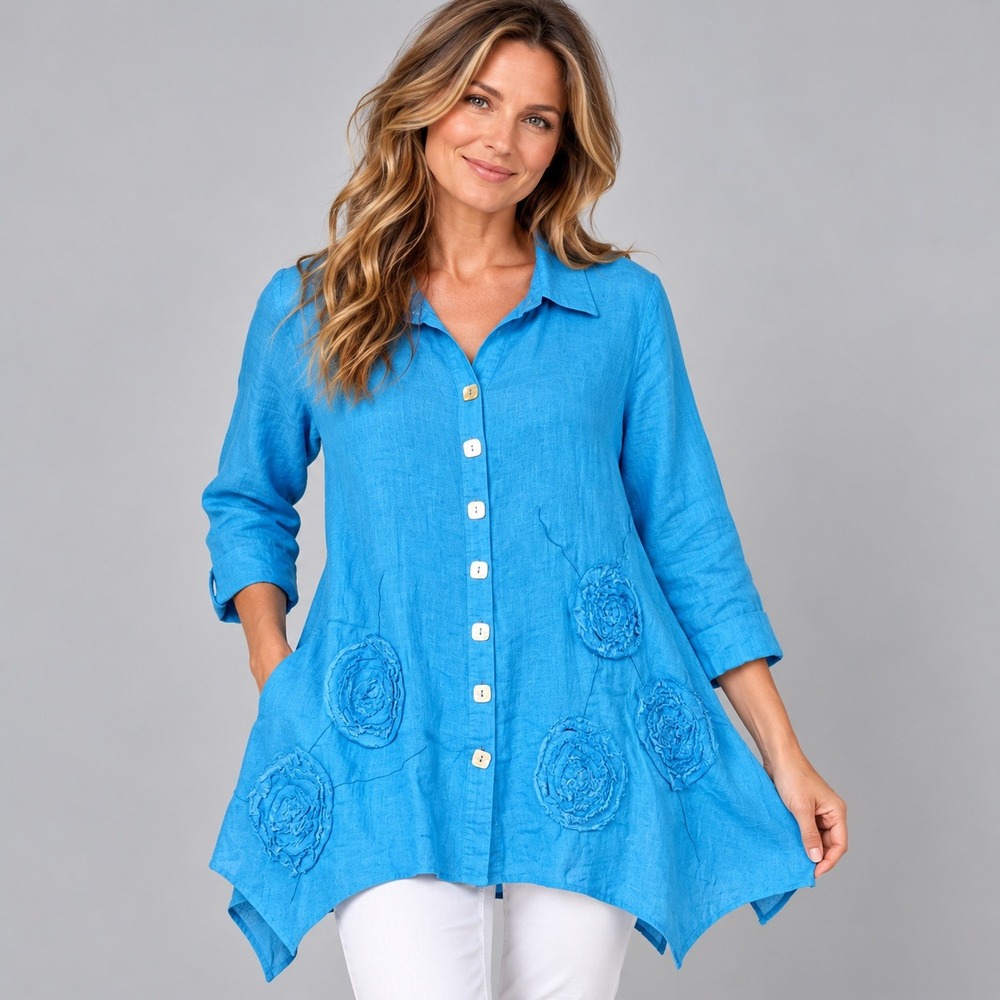 Ali Miles Button Up Tunic Women L Blue 100% Linen 3D Rosette Sharkbite Hem Shirt